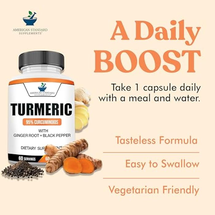 American Standard Supplements Turmeric Extract - Curcumin 95% with Ginger Root Extract & Black Pepper Extract– 60 Vegan Capsules, 60 Servings - Image 5