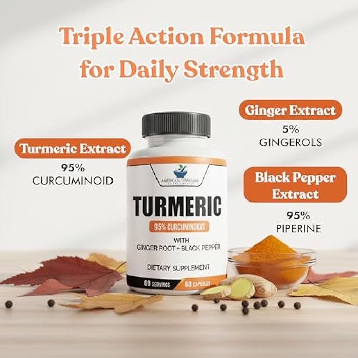 American Standard Supplements Turmeric Extract - Curcumin 95% with Ginger Root Extract & Black Pepper Extract– 60 Vegan Capsules, 60 Servings - Image 3