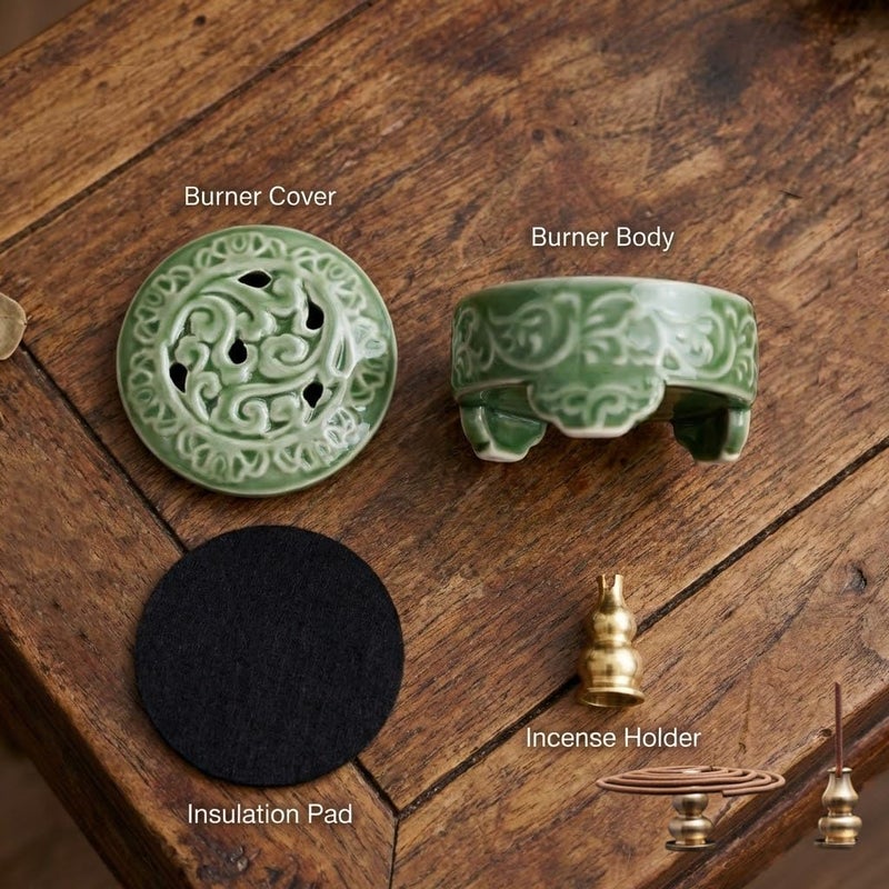 USMOLA Incense Burner with Lid, Ceramic Incense Holder for Stick Cones & Coils Incense with Burn Cotton for Home, Office, Yoga, Green Lotus - Image 5