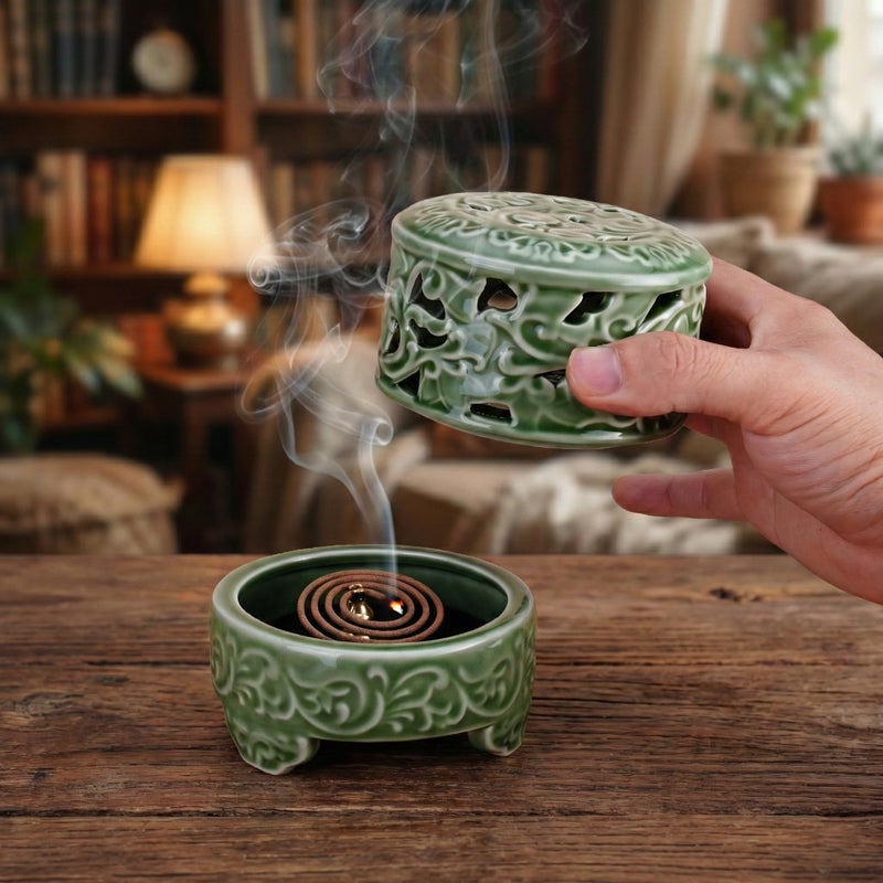 USMOLA Incense Burner with Lid, Ceramic Incense Holder for Stick Cones & Coils Incense with Burn Cotton for Home, Office, Yoga, Green Lotus - Image 4