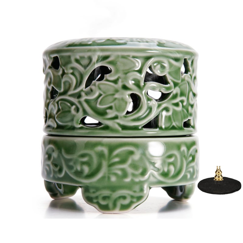 USMOLA Incense Burner with Lid, Ceramic Incense Holder for Stick Cones & Coils Incense with Burn Cotton for Home, Office, Yoga, Green Lotus - Image 1