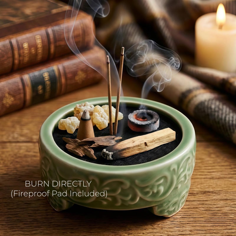 USMOLA Incense Burner with Lid, Ceramic Incense Holder for Stick Cones & Coils Incense with Burn Cotton for Home, Office, Yoga, Green Lotus - Image 3