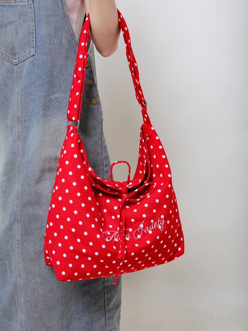 Leopard Print Canvas Bag Large Capacity Crossbody Bag Korean Niche Bow Bag Red Polka Dot Shoulder Tote Bag - Image 3