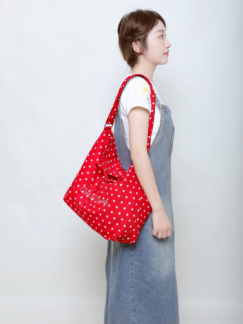 Leopard Print Canvas Bag Large Capacity Crossbody Bag Korean Niche Bow Bag Red Polka Dot Shoulder Tote Bag - Image 5