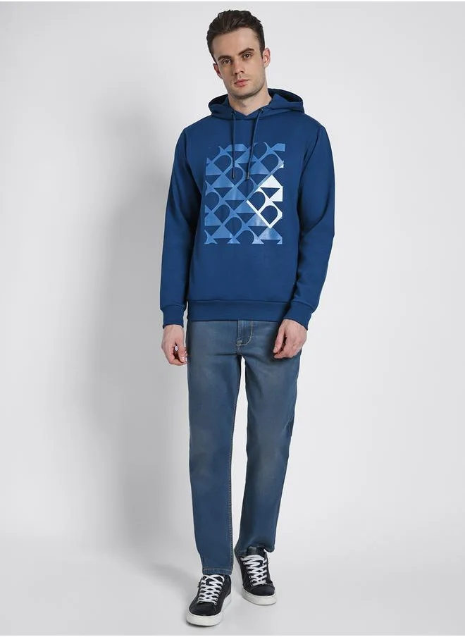 Dennis Lingo Regular Fit Blue Printed Hooded Sweatshirt for Men - Polycotton, Full Sleeves
