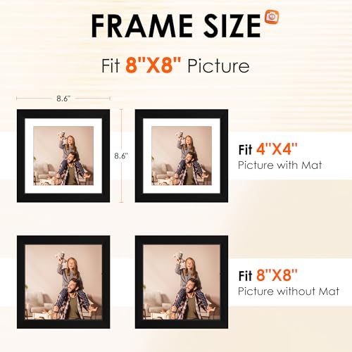 FIXSMITH 8x8 Picture Frames Set of 4 Photo Frame with HD Plexiglass Display Pictures 6x6 with Mat or 8x8 Without Mat Multi Picture Frames Collage for Tabletop or Wall Display Black - Image 3