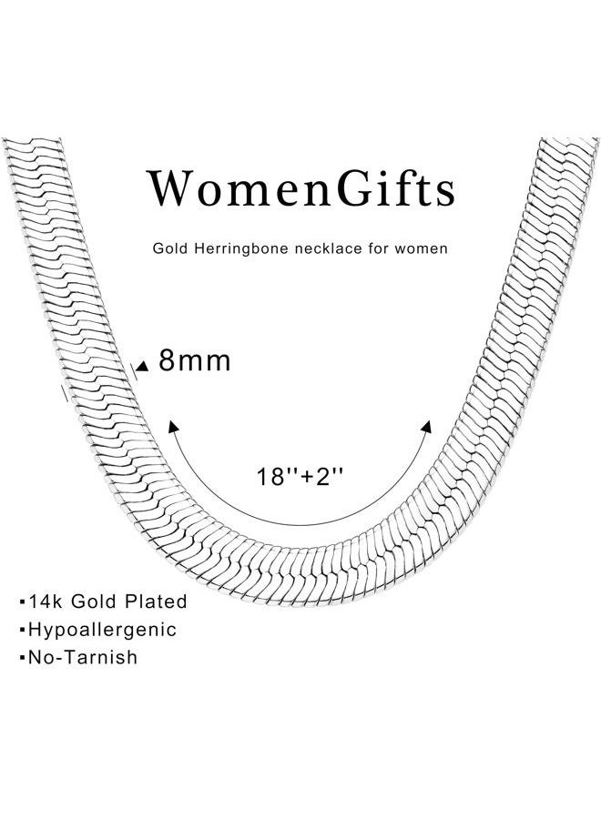 WomenGifts 14K Gold Silver Plated Herringbone Necklace for Women, Dainty Snake Chain Choker, Trendy Simple Long Layered Jewelry Non Tarnish, 3/4/5/8mm,14,16,18,20,22,24,26 Inch Thin & Chunky Options - Image 5