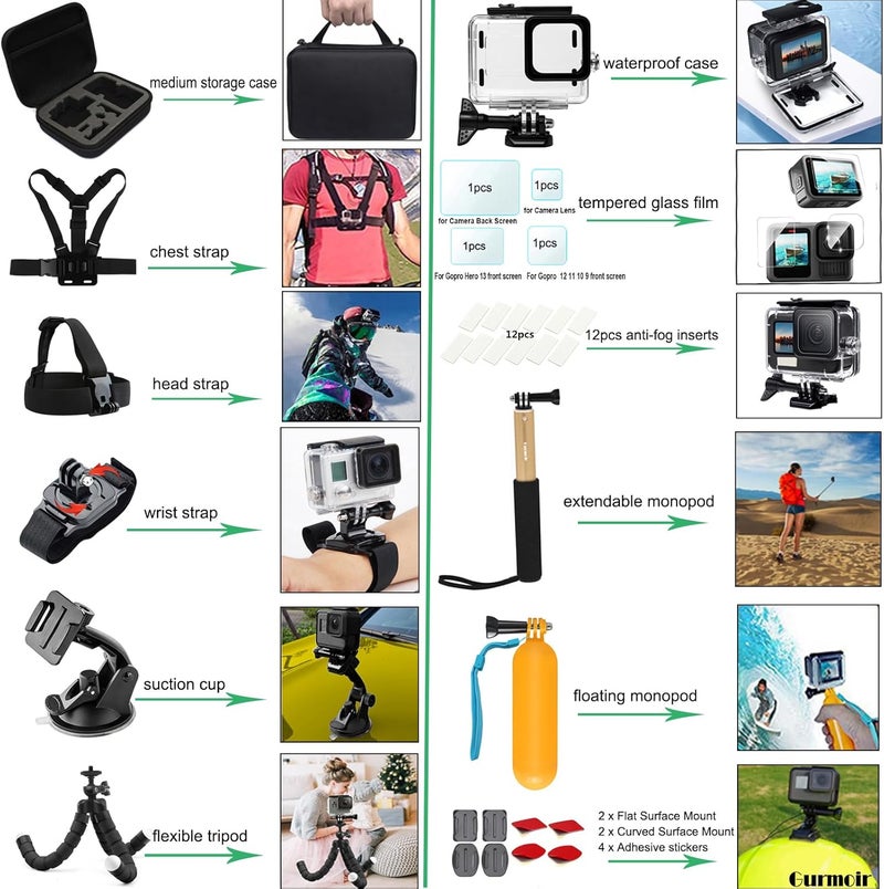 Gurmoir Accessory Pack for Go Pro 13 12 11 10 9 Hero, Full Essential Accessories Kit with Waterproof Protective Housing Case for GoPro Hero 13 12 11 10 9 Black(DT06) - Image 5
