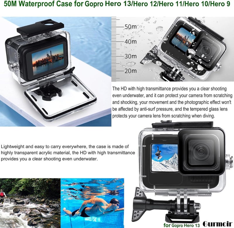 Gurmoir Accessory Pack for Go Pro 13 12 11 10 9 Hero, Full Essential Accessories Kit with Waterproof Protective Housing Case for GoPro Hero 13 12 11 10 9 Black(DT06) - Image 2