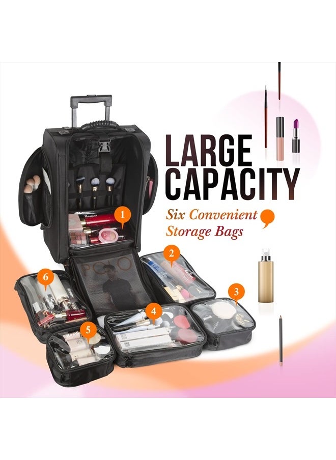 Kemier Portable Cosmetic Organizer,Soft-Sided Nylon Rolling Makeup Case with Pouches,Black  - Image 2