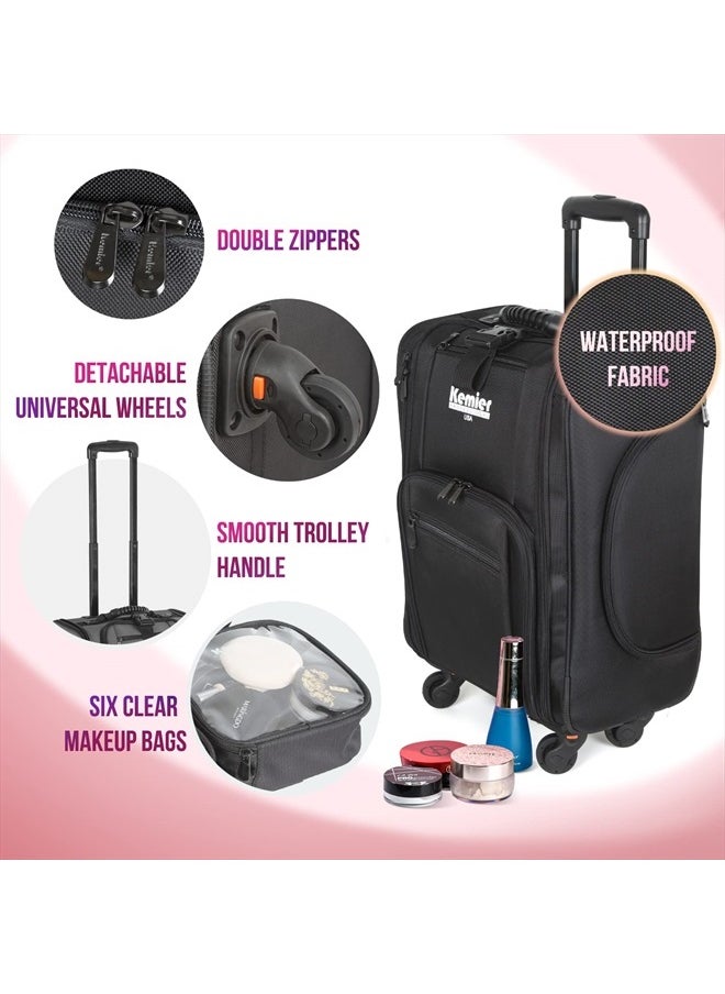 Kemier Portable Cosmetic Organizer,Soft-Sided Nylon Rolling Makeup Case with Pouches,Black  - Image 5