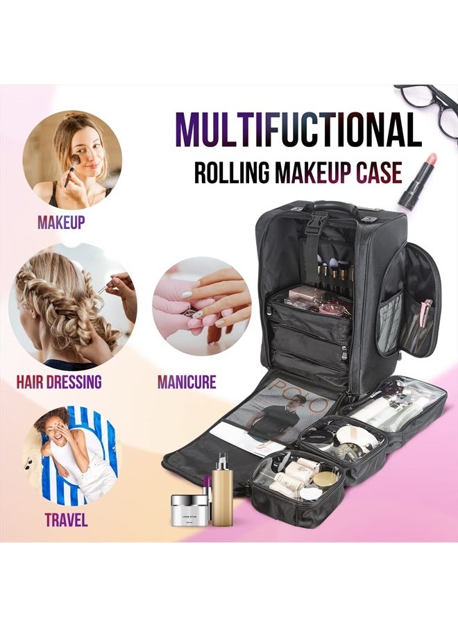 Kemier Portable Cosmetic Organizer,Soft-Sided Nylon Rolling Makeup Case with Pouches,Black  - Image 3