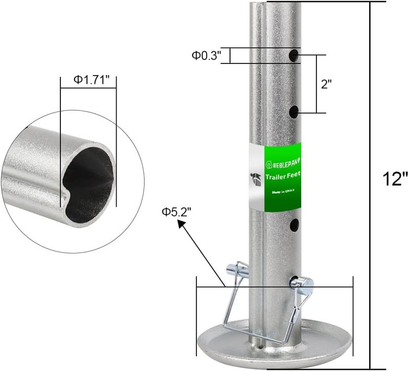 BEBLEPANY Adjustable Trailer Jack Foot Plate Fits 2-Inch Diameter Tube,Supports 5,000 lbs Capacity with Pin Base,12" Lift for Boat RV Camper Trailer - Image 1
