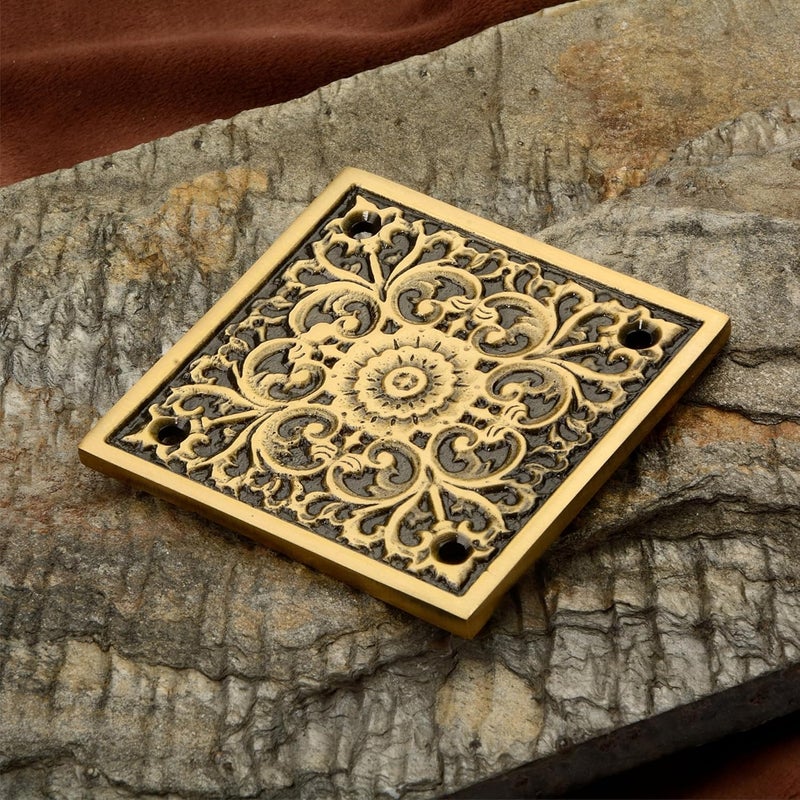 DEVDECOR , Brass Door Accent Plate – 3” x 3” Ornate Floral Design Decorative Hardware for Doors Accessory for Main Door, Home Entrance & Temple Décor - Image 1