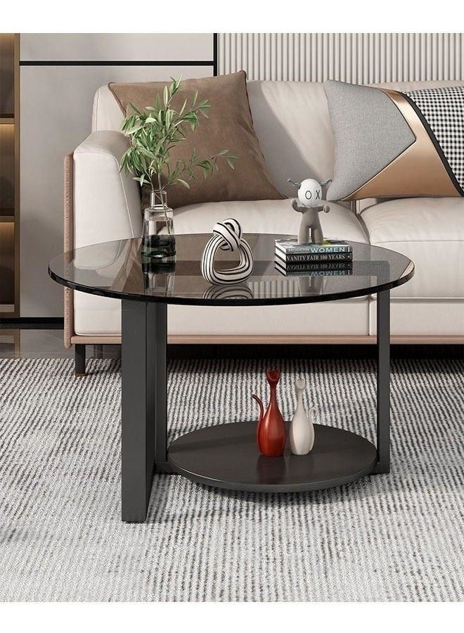 fashionhome طاولة قهوة زجاجية مستديرة لغرفة المعيشة وطاولة الكوكتيل وطاولة أريكة مع سطح من الزجاج المقسى وقاعدة معدنية قوية مقاس 80 × 45 سم  - Image 1