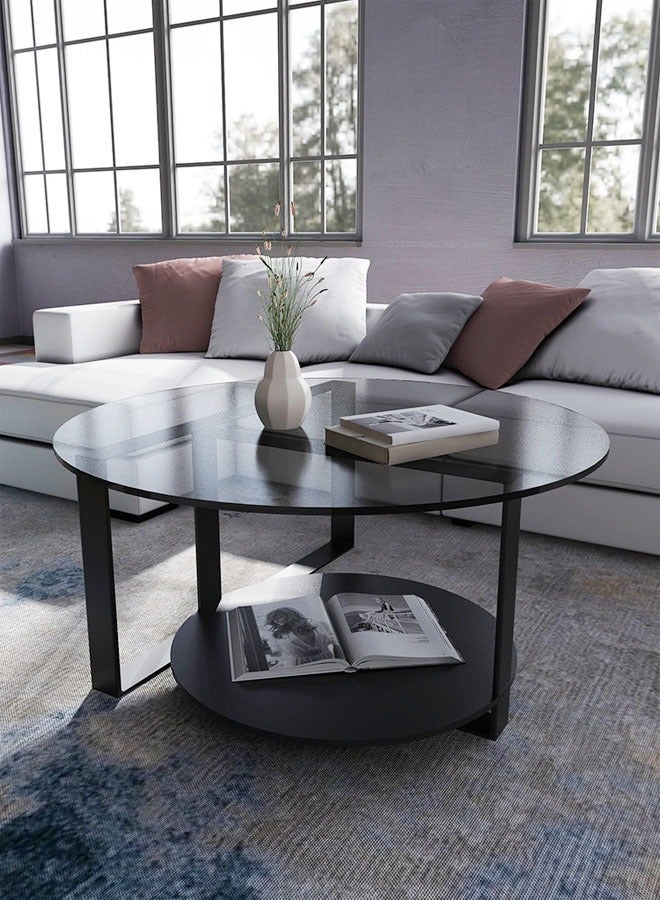 fashionhome طاولة قهوة زجاجية مستديرة لغرفة المعيشة وطاولة الكوكتيل وطاولة أريكة مع سطح من الزجاج المقسى وقاعدة معدنية قوية مقاس 80 × 45 سم  - Image 3