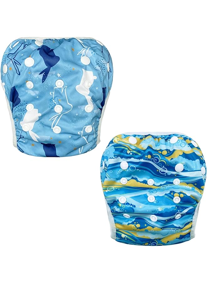 Reusable Baby Swim Nappies 2 Pack Blue Ocean Design Adjustable Waterproof Pul Fast Dry Mesh 8M 3T - Image 1