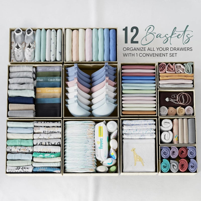 NEATERIZE Drawer Organizer Clothes Set of 12 Beige - Dresser Organizer For Nursery, Bedroom, Closet - The Perfect Baby Clothes Organizers and Storage & General Nursery Organization or Dresser Drawer Organizers - Image 3