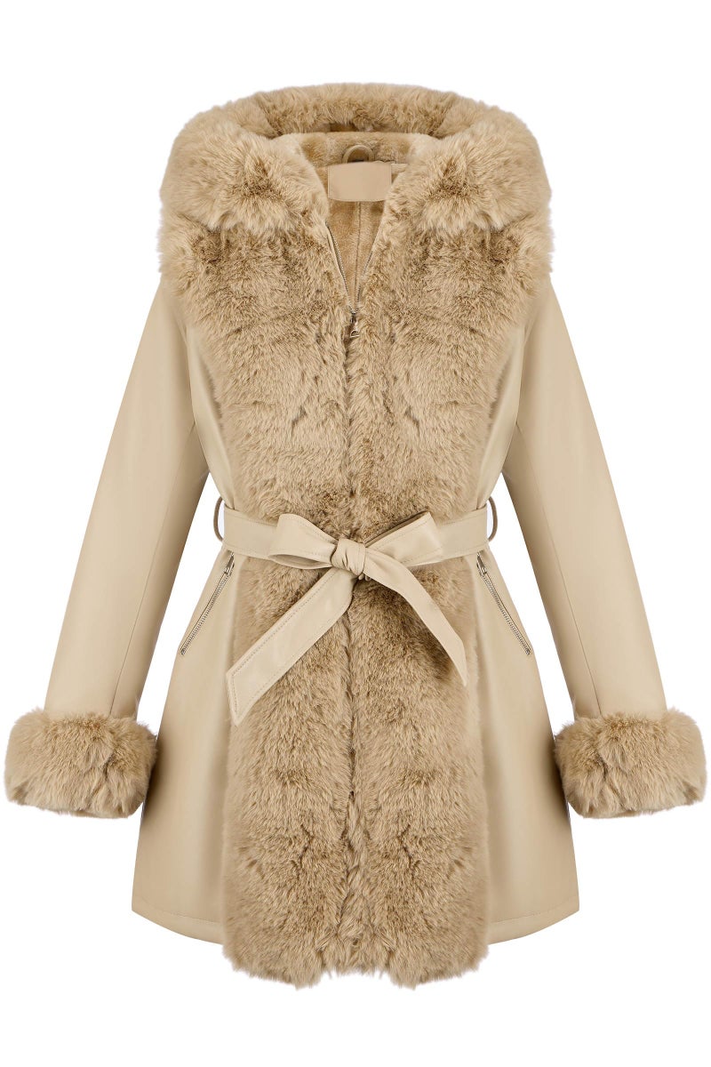 RISISSIDA Luxurious Fur Lined Faux Leather Jacket Women Winter Coat Hood Long Fur Collar Cuffs Zipper Up Pockets,Thick Warm Heavy Overcoat Belted Khaki XS - Image 1