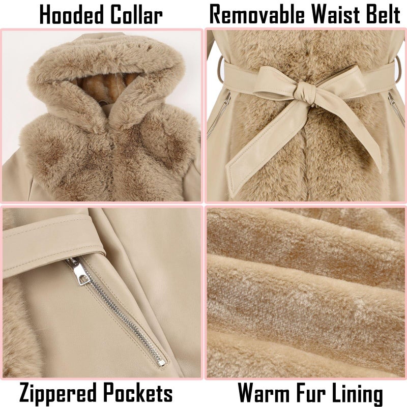 RISISSIDA Luxurious Fur Lined Faux Leather Jacket Women Winter Coat Hood Long Fur Collar Cuffs Zipper Up Pockets,Thick Warm Heavy Overcoat Belted Khaki XS - Image 5
