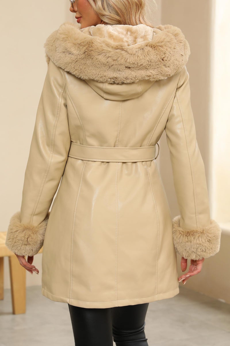 RISISSIDA Luxurious Fur Lined Faux Leather Jacket Women Winter Coat Hood Long Fur Collar Cuffs Zipper Up Pockets,Thick Warm Heavy Overcoat Belted Khaki XS - Image 2
