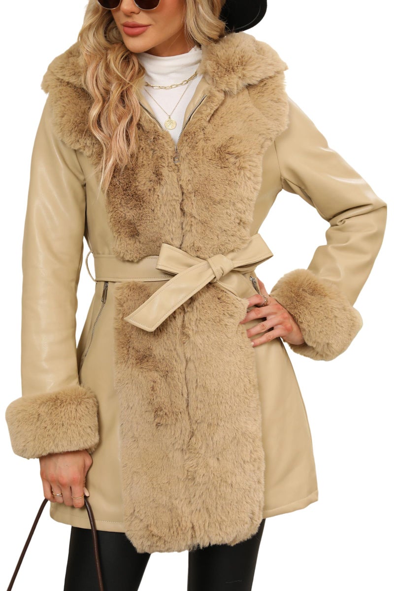 RISISSIDA Luxurious Fur Lined Faux Leather Jacket Women Winter Coat Hood Long Fur Collar Cuffs Zipper Up Pockets,Thick Warm Heavy Overcoat Belted Khaki XS - Image 4