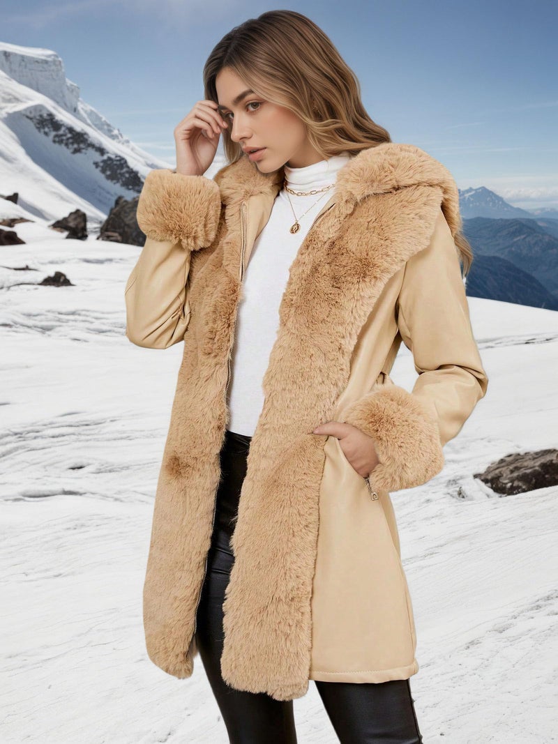 RISISSIDA Luxurious Fur Lined Faux Leather Jacket Women Winter Coat Hood Long Fur Collar Cuffs Zipper Up Pockets,Thick Warm Heavy Overcoat Belted Khaki XS - Image 3