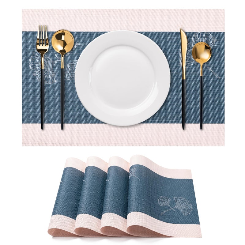 CADONO Placemats Set of 4 Washable Indoor/Outdoor Vinyl Place Mats for Dining Table Durable Non-Slip Heat Resistant PVC Weave Table Matsï¼ˆGinkgo biloba Blue Whiteï¼‰ - Image 1