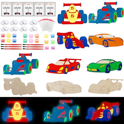 LARDUX Race Car Party Favors 24PCS DIY Wooden Arts Crafts Painting Kit for Kids Glow in The Dark Party Favors Family Crafts Birthday Party Christmas Gifts Toys for Boys Girls - Image 5