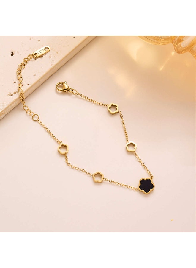 XIXI Ladies' Minimalist Clover Anklet with Adjustable Extension Chain, Glossy Black Charm - Image 2