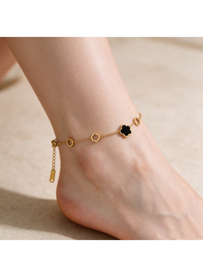 XIXI Ladies' Minimalist Clover Anklet with Adjustable Extension Chain, Glossy Black Charm - Image 1