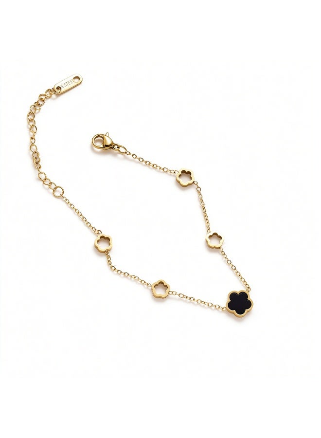 XIXI Ladies' Minimalist Clover Anklet with Adjustable Extension Chain, Glossy Black Charm - Image 3