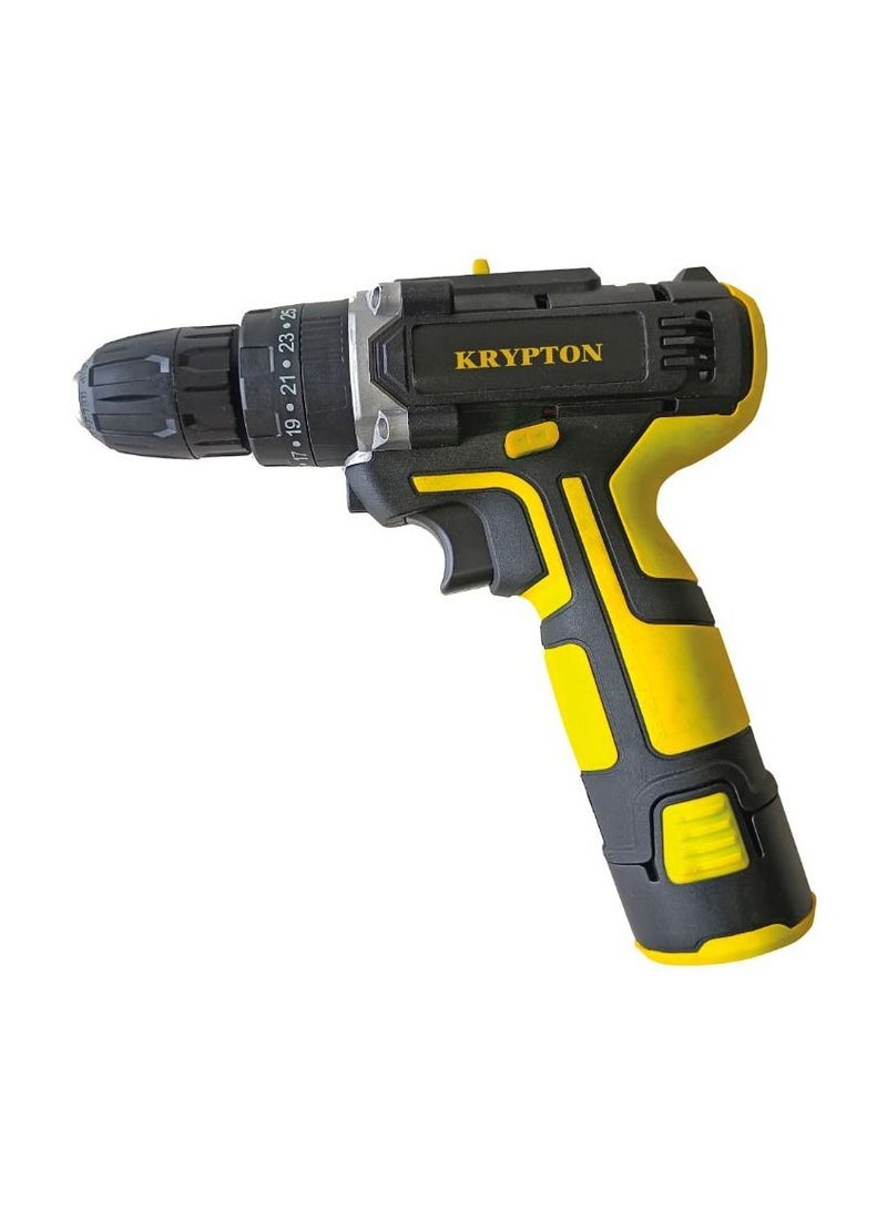KRYPTON 12V Cordless Percussion Drill with 2-Speed Impact Gearbox, 10mm Chuck, 2 Li-Ion Batteries, Ergonomic Pistol Grip – 25+1 Torque Settings, 0–1100 RPM