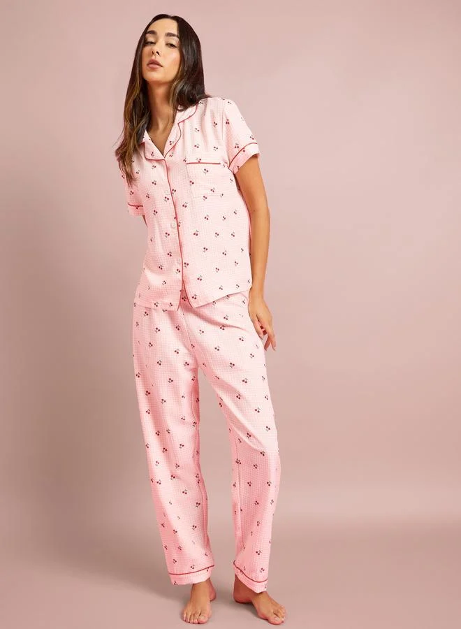 ستايلي Pink Checked and Cherry Print Shirt and Pants Pyjama Set