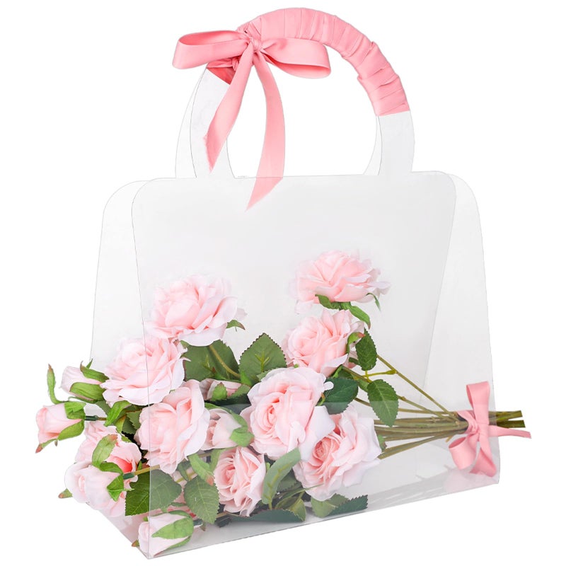 Whaline 12Pcs Valentine's Day Clear Flower Bouquet Bags with Handle Large PET Floral Wrapping Boxes Florist Packaging Supplies for Mother's Day Graduation Wedding Birthday Party Decor Gift - Image 1