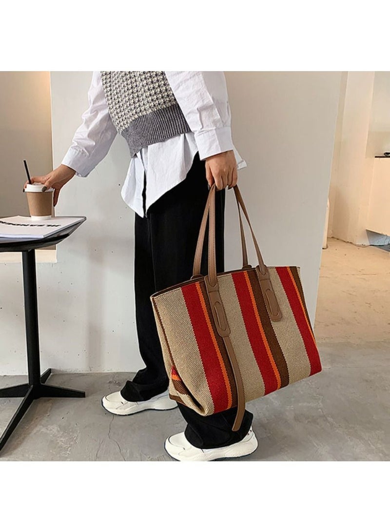 Rup Art Women Big Bag Contrast Color Portable Shoulder Bag Korean Version Of The Vertical Stripe Tote Bag Rup Art - Image 3