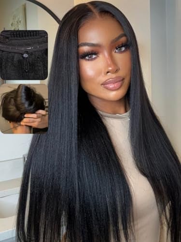 UNICE Bye Bye Knots Wig Yaki Straight 7x5 Pre Cut HD Lace Front Wigs Human Hair with Elastic Drawstring Glueless Wig Human Hair Pre Plucked Bleached Knots Natural Hairline 150% Density 20 inches - Image 1