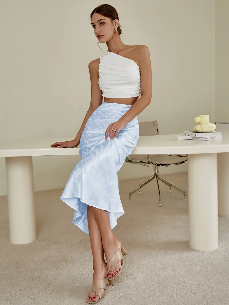 Simplee Satin High Waist Midi Mermaid Skirt, Glossy Fabric, Slim Fit Mermaid Hem