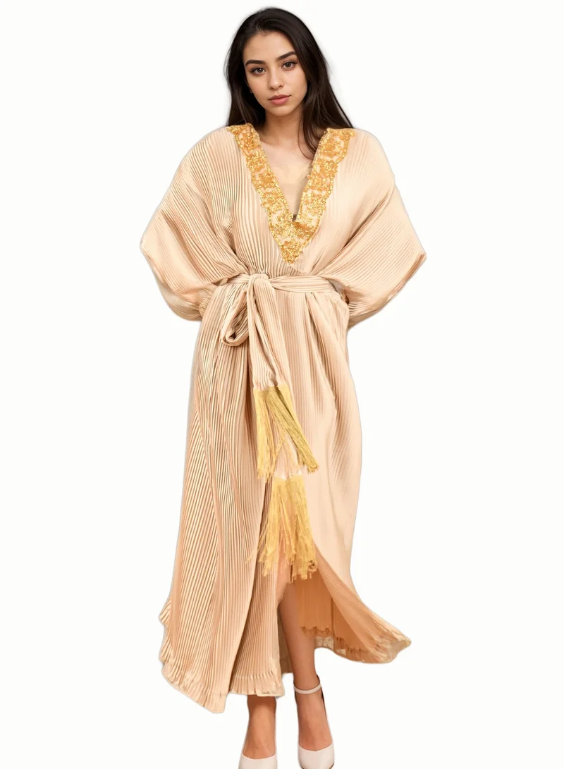 Wecre8 Beige Pleated Jalabiya by WECRE8