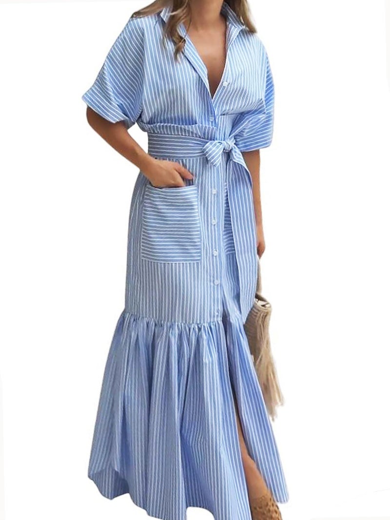 utcoco Women's 2026 Summer Casual Striped Button Down Maxi Dress Tie Waist Short Sleeve Shirt Dress with Pockets (Large, Blue) - Image 1