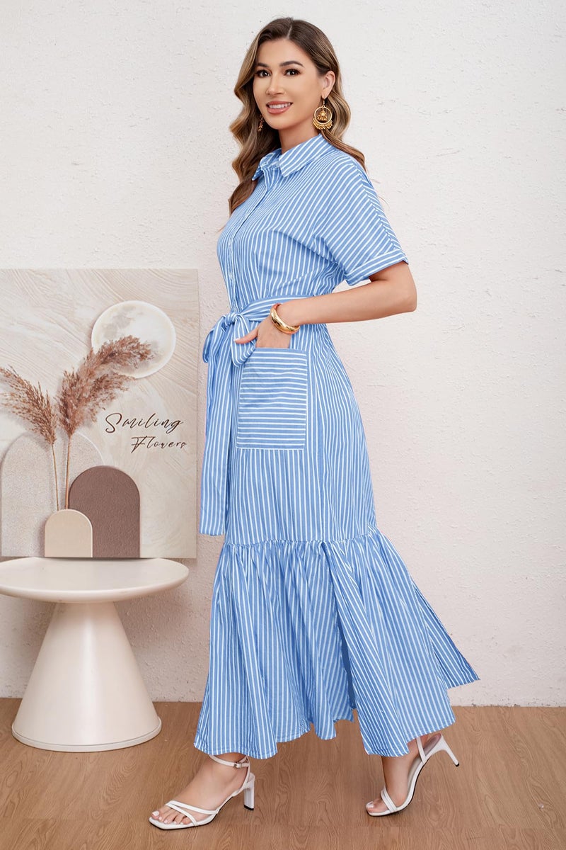 utcoco Women's 2026 Summer Casual Striped Button Down Maxi Dress Tie Waist Short Sleeve Shirt Dress with Pockets (Large, Blue) - Image 3