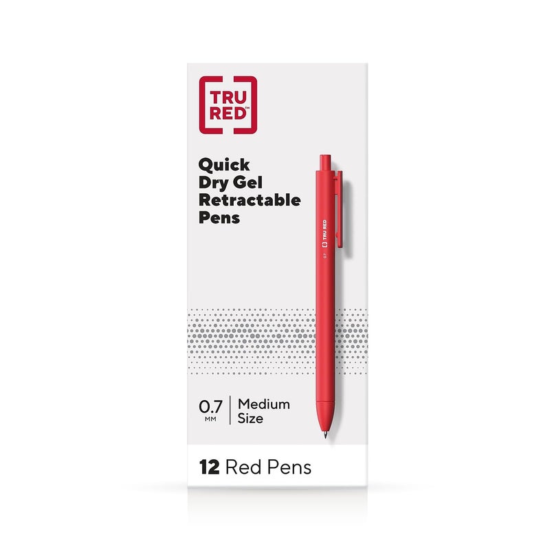 Staples TRU RED Retractable Gel Pens, Medium Point 0.7mm, Red Ink, 12 Pack â€“ Quickâ€‘Dry Pens for Grading, Editing & Markâ€‘Up - Image 1