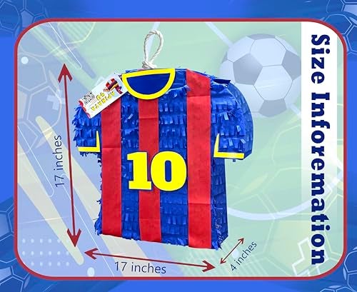A Pinata 4 U APINATA4U Soccer Jersey Pinata Number 10 for Sports Event Parties Football Party Decor Kids Birthday Celebration Soccer Party Blue Red Theme Decorations Fill with Candy Toys Surprises 17x17 Inches - Image 5