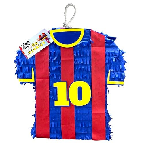 A Pinata 4 U APINATA4U Soccer Jersey Pinata Number 10 for Sports Event Parties Football Party Decor Kids Birthday Celebration Soccer Party Blue Red Theme Decorations Fill with Candy Toys Surprises 17x17 Inches - Image 1
