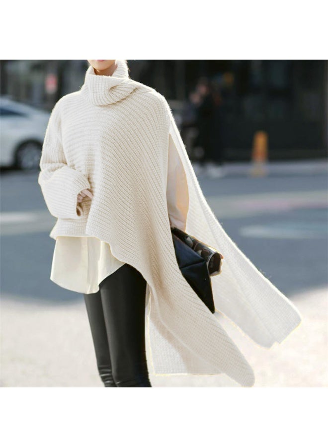NIBEMINENT Women Pullover Sweater Cape Knitted Tops Solid Casual Turtleneck Full Sleeve Loose Sweaters Jumpers Splice Irregular Sweater - Image 1