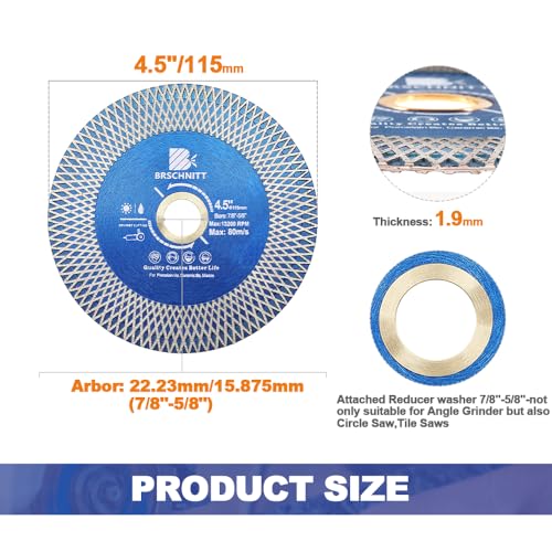 BRSCHNITT Diamond Porcelain Tile Saw Blade - BRSCHNITT 2pcs 4.5" Super Thin Diamond Cutting Grinding Disc with X Teeth Arbor 7/8“-5/8“ for Ceramic Tiles,Granite,Marble Angle Grinder Circle Saw Blade - Image 2