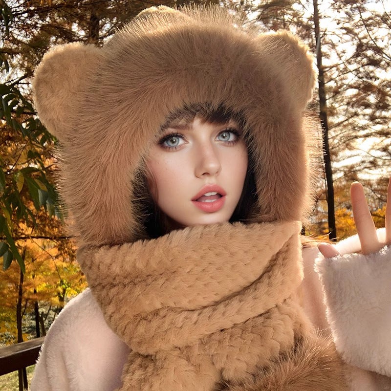 Cute Cat Ear Knit Beanie Women Autumn Winter Fashion Warm camel [round ears-big Mao Mao hat brim-Mao Mao gloves]]