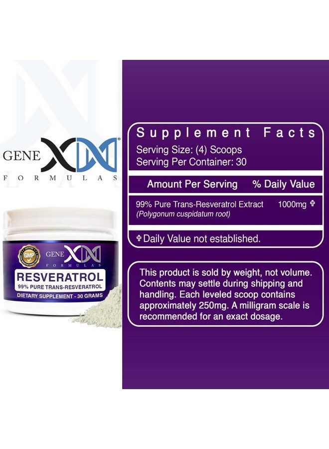 Genex Formulas GENEX Trans Resveratrol 1000mg Serving 99% Pure Micronized Pharmaceutical Grade Trans-Resveratrol Powder 30 Servings or 30Grams 1Gram Per Day 30-Day Supply Made in a GMP & NSF Certified Facility - Image 3