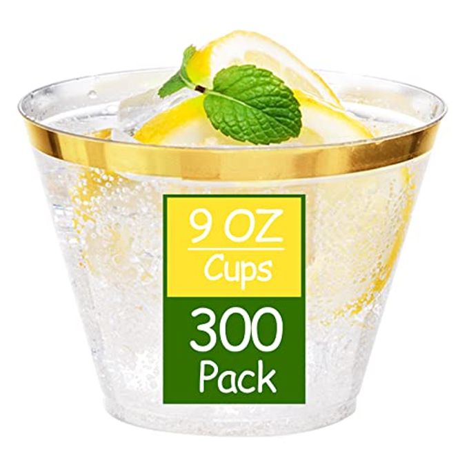 Ciaell 300PCS Gold Plastic Cups - 9Oz Heavy Duty Plastic Cups - Gold Rimmed Disposable Cup - Disposable Clear Wine Cup with Gold Rim for Party & Wedding & Thanksgiving