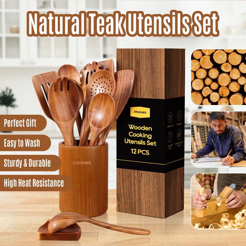 Mooues Wooden Spoons for Cooking, 12PCS Teak Wooden Kitchen Utensil Set with Spoon Rest - Smooth Finish, Non-Stick, Comfortable Grip, Heat Resistant Cooking Utensils Set - Image 3